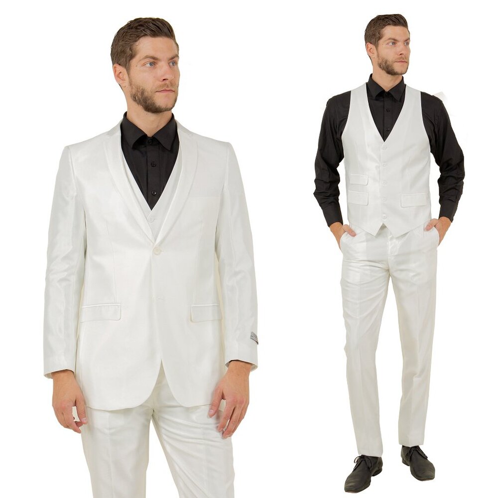 Ivory Super Shiny Satin 3pc Mens Suit w/ Notch Lapel (Slim-Fit)